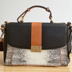 Brahmin Oxford Flap Natural Bernini Black/White Embossed Leather Crossbody Bag